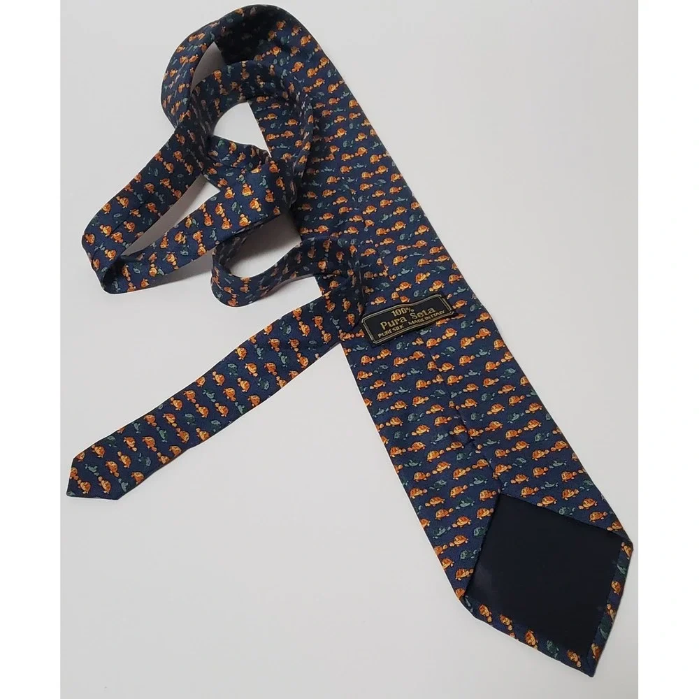 VTG Pura Seta Necktie Made Italy Silk Navy Green & Brown Turtles Greeting - Picture 6 of 6